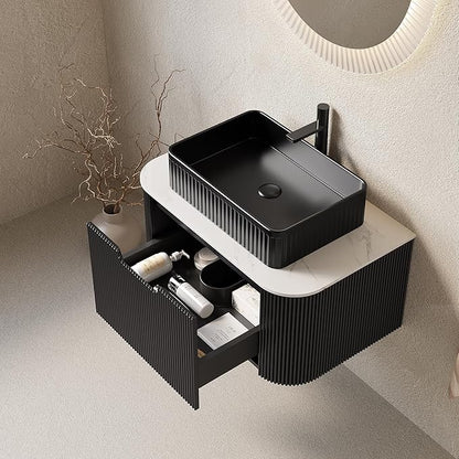Yayzy 30" Floating Bathroom Vanity with Sink, Solid Wood Fluted Cabinet, Black Fluted Oval Ceramic Basin & Faux Marble Top, Soft-Close Drawer, Pre-Assembled, Gloss Black