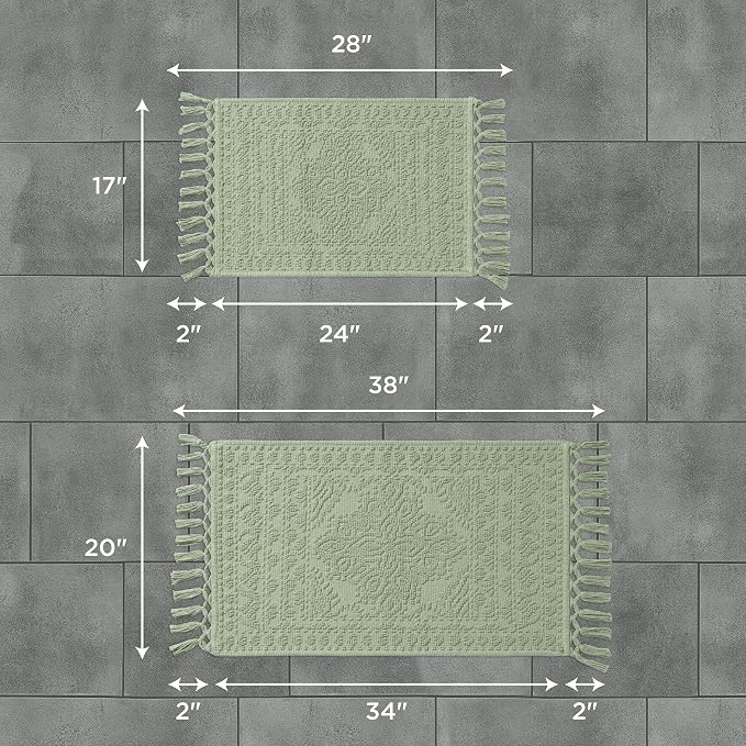 French Connection Nellore Bath Rugs, Set of 2 Woven and Beaded Bath Mats, Durable and Thick Bath Mats for Bathroom and Shower Rugs, 17" x 28" and 20" x 38", Sage Green