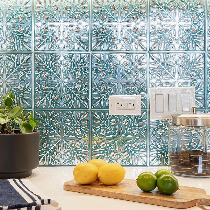 Peel and Stick Metal Tiles, Teal & Silver Leaves, 10-Pack | 8 x 8 in tile size; Covers up to 4.44 sq ft; Aluminum; Water-resistant surface; For kitchens, ceilings, DIY projects