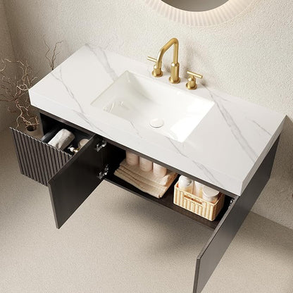 KEIKI 48 Inch Floating Bathroom Vanity with Sink, Espresso & White | Modern Wall Mounted Storage Cabinet w/ Drawer & Door, Pre-assembled Wood Panels, Sintered Stone Top & Ceramic Basin Combo Set