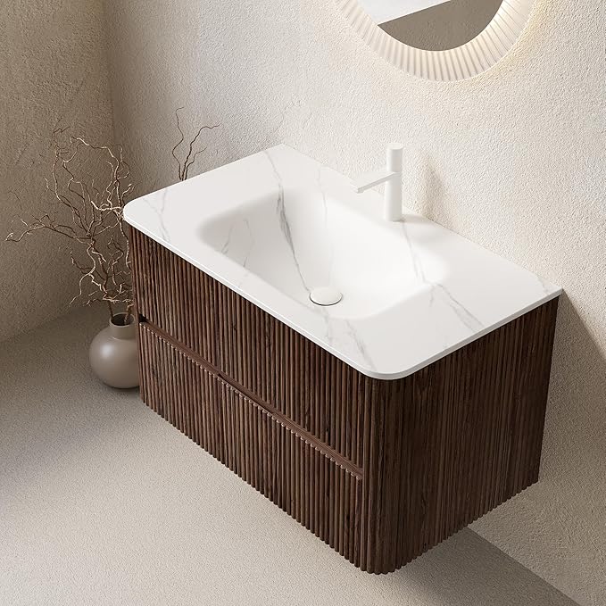 36" Floating Bathroom Vanity with Sink, Wall Mounted Modern Bathroom Cabinet with 2 Soft Close Drawers, Oak & Plywood, Pre-Assembled with Carrara White Basin – Bruges, Retro Walnut/S