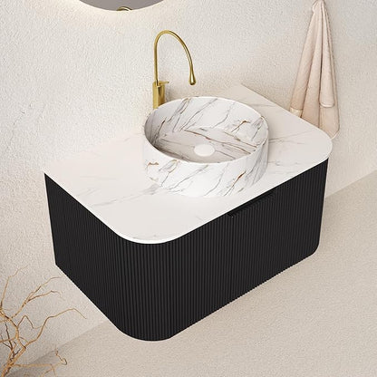 30'' Floating Vanity with Sink Combo, Modern Wall-Mounted Curved Edges Striped Bathroom Storage Cabinet with Soft-Close Drawer and White Stone Pattern Basin, Black