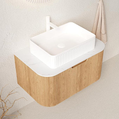 30'' Bathroom Vanities Cabinet with Sink , Wall Mounted Floating Cabinet W/Curved Edges Stripes, Oak Plywood, Soft-close System with a Drawer, White Rectangular Ceramic Basin - Kiel, Natural Wood/W