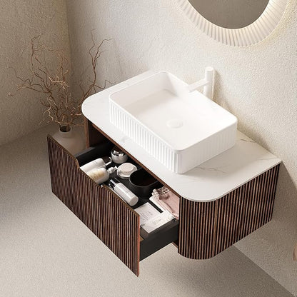 Yayzy 36" Floating Bathroom Vanity with Sink, Solid Wood Fluted Cabinet, White Fluted Square Ceramic Basin & Faux Marble Top, Soft-Close Drawer, Pre-Assembled, Walnut Woodgrain