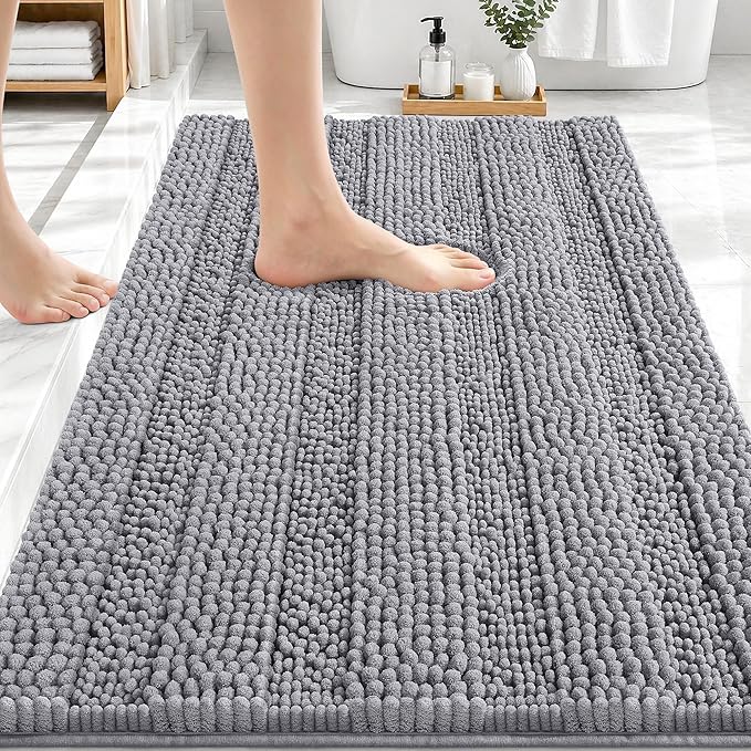 OLANLY Thick Bathroom Rugs 30x20, Soft Chenille Striped Bath Rugs, Grey | Rubber Backing, Machine Wash, Extra Absorbent Bath Mats for Bathroom Floor, Tub and Shower, Home Decor Accessories
