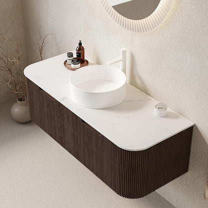 LKTART 48 Inch Floating Bathroom Vanity with Sink, Modern Wall Mounted Bathroom Storage Cabinet with Drawer, Round White Ceramic Sink Top and Marble Texture Top, Walnut