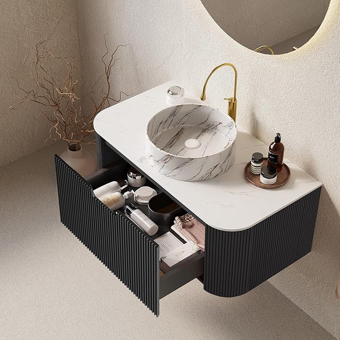 Yayzy 36" Floating Bathroom Vanity with Sink, Solid Wood Fluted Cabinet, White Marble-Patterned Ceramic Basin & Faux Marble Top, Soft-Close Drawer, Pre-Assembled, Gloss Black