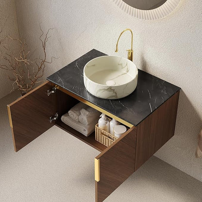 30" Floating Bathroom Vanity with Sink Combo, Modern Vanity with Vessel Sink, Wall-Mounted Bathroom Cabinet with Doors, Black Countertop and Ceramic Basin with Stone Pattern,Brown Oak