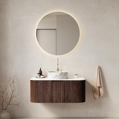 Yayzy 36" Floating Bathroom Vanity with Sink, Solid Wood Fluted Cabinet, White Marble-Patterned Ceramic Basin & Faux Marble Top, Soft-Close Drawer, Pre-Assembled, Walnut Woodgrain