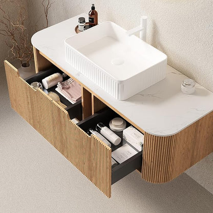 Yayzy 48" Floating Bathroom Vanity with Sink, Solid Wood Fluted Cabinet, White Fluted Square Ceramic Basin & Faux Marble Top, Soft-Close Drawer, Pre-Assembled, Natural Woodgrain