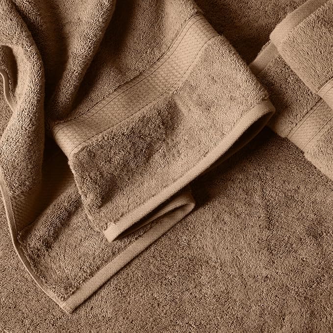 SUPERIOR Egyptian Cotton Ultra Plush & Absorbent, 12 Piece Set, Latte | Heavyweight 12 Pc Egyptian Cotton Towel Set Includes 4 Bath Towels 4 Hand Towels 4 Washcloths Decorative Rope Border