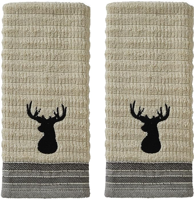 SKL Home Aspen Lodge Hand Towel Set-2pc, 100% Cotton Jacquard, Wheat | 550 GSM. Plush & absorbent. For the bathroom, kitchen or bar. Deer stag embroidery is great for Airbnb & cabin/lodge décor.
