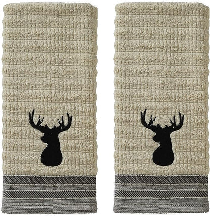 SKL Home Aspen Lodge Hand Towel Set-2pc, 100% Cotton Jacquard, Wheat | 550 GSM. Plush & absorbent. For the bathroom, kitchen or bar. Deer stag embroidery is great for Airbnb & cabin/lodge décor.