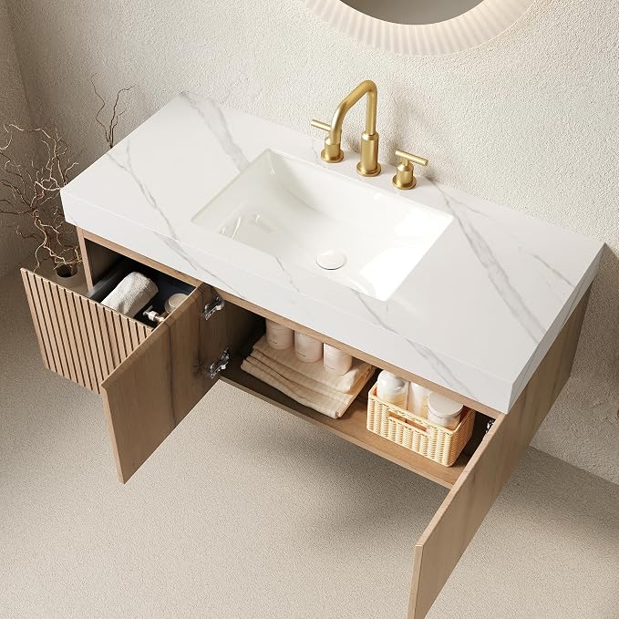 KEIKI 48 Inch Floating Bathroom Vanity with Sink, White Oak & White | Modern Wall Mounted Storage Cabinet w/ Drawer & Door, Pre-assembled Wood Panels, Sintered Stone Top & Ceramic Basin Combo Set