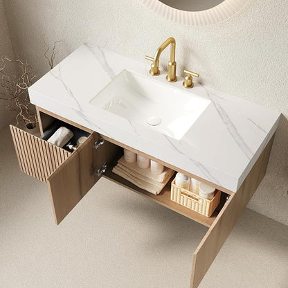 KEIKI 48 Inch Floating Bathroom Vanity with Sink, White Oak & White | Modern Wall Mounted Storage Cabinet w/ Drawer & Door, Pre-assembled Wood Panels, Sintered Stone Top & Ceramic Basin Combo Set