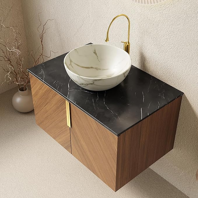 30" Floating Bathroom Vanity with Sink Combo, Modern Vanity with Vessel Sink, Wall-Mounted Bathroom Vanity Cabinet with Doors, Countertop and White Bowl Ceramic Basin,Brown Oak