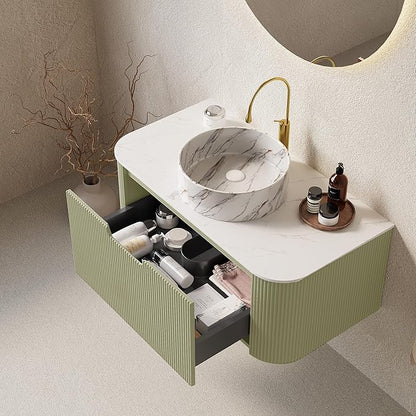 36'' Floating Vanity with Sink Combo, Modern Wall-Mounted Curved Edges Striped Bathroom Storage Cabinet with Soft-Close Drawer and White Stone Pattern Basin, Light Green