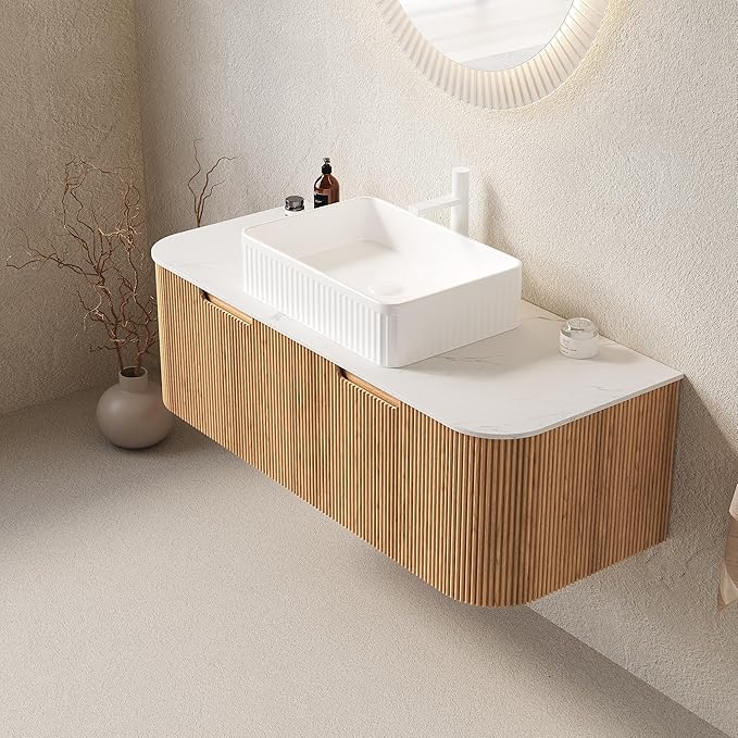 LKTART 48 Inch Floating Bathroom Vanity with Sink, Modern Wall Mounted Bathroom Storage Cabinet with Drawer, Square White Ceramic Sink Top and Marble Texture Top, Natural Wood