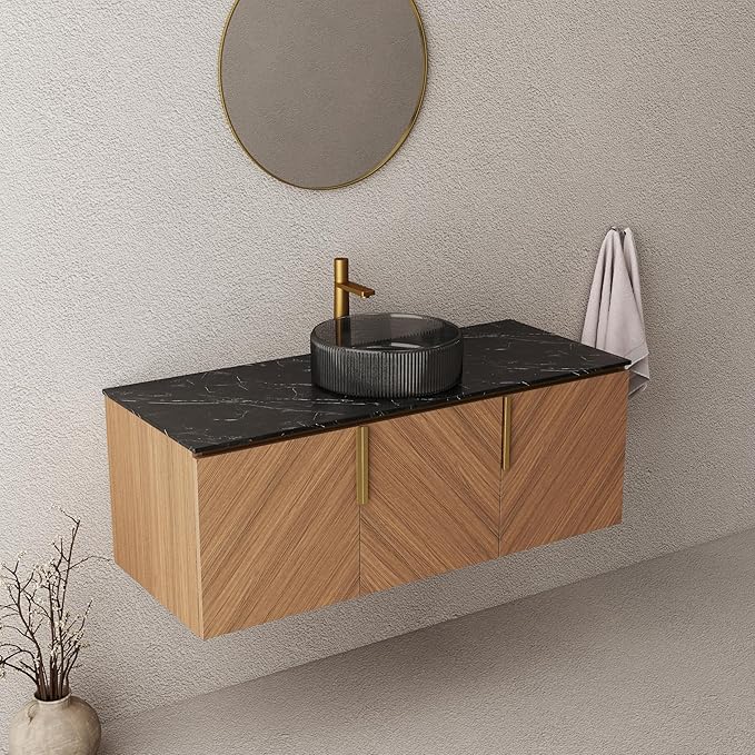 LKTART 48 Inch Bathroom Vanity with Sink, Modern Wall Mounted Bathroom Sink with 3 Doors, Black Sintered Stone Countertop and Black Round Glass Basin, Brown