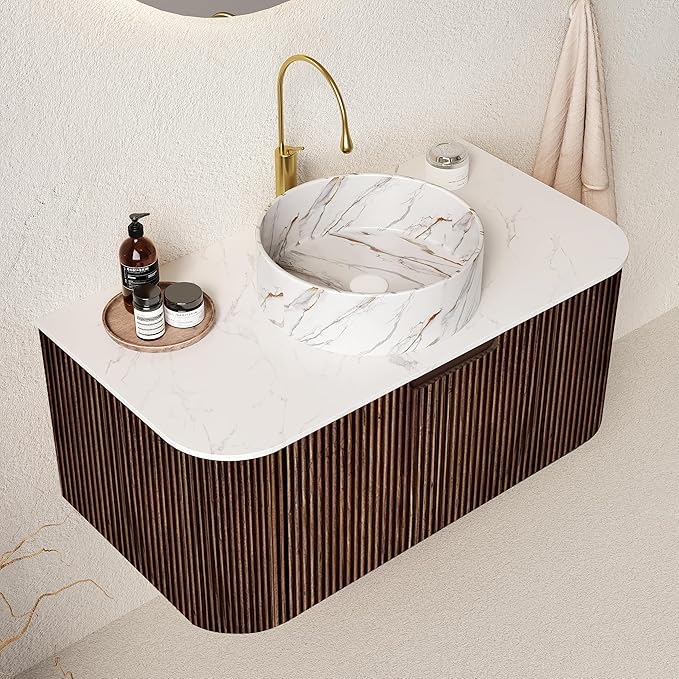 36'' Floating Vanity with Sink Combo, Modern Wall-Mounted Curved Edges Striped Bathroom Storage Cabinet with Soft-Close Drawer and White Stone Pattern Basin, Dark Walnut