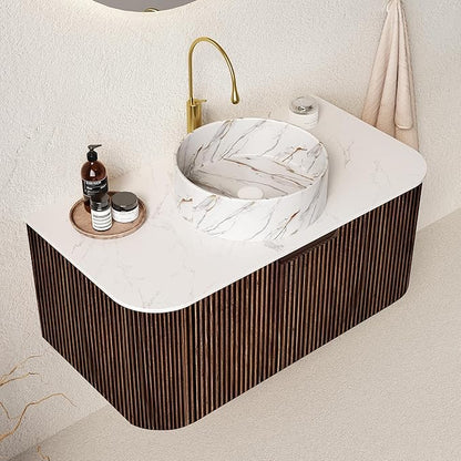 36'' Floating Vanity with Sink Combo, Modern Wall-Mounted Curved Edges Striped Bathroom Storage Cabinet with Soft-Close Drawer and White Stone Pattern Basin, Dark Walnut