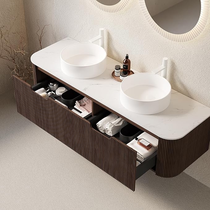 60'' Bathroom Vanities Cabinet with Sink, Wall Mounted Floating Cabinet W/Curved Edges Stripes, Oak Plywood, Soft-Close System with 2 Drawer & 2 White Round Ceramic Basin - Kiel, Dark Walnut