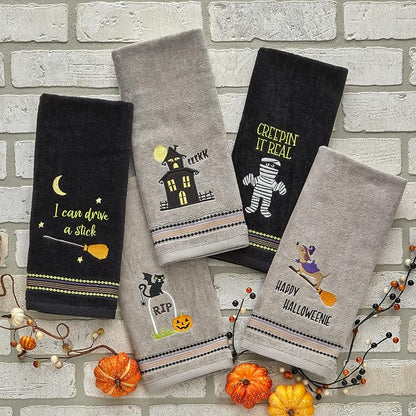 SKL Home Happy Halloweenie Hand Towel Set-2pc, 100% Cotton, Gray | Soft, embroidered velour. Great for the bathroom, kitchen or bar & holiday gifting.