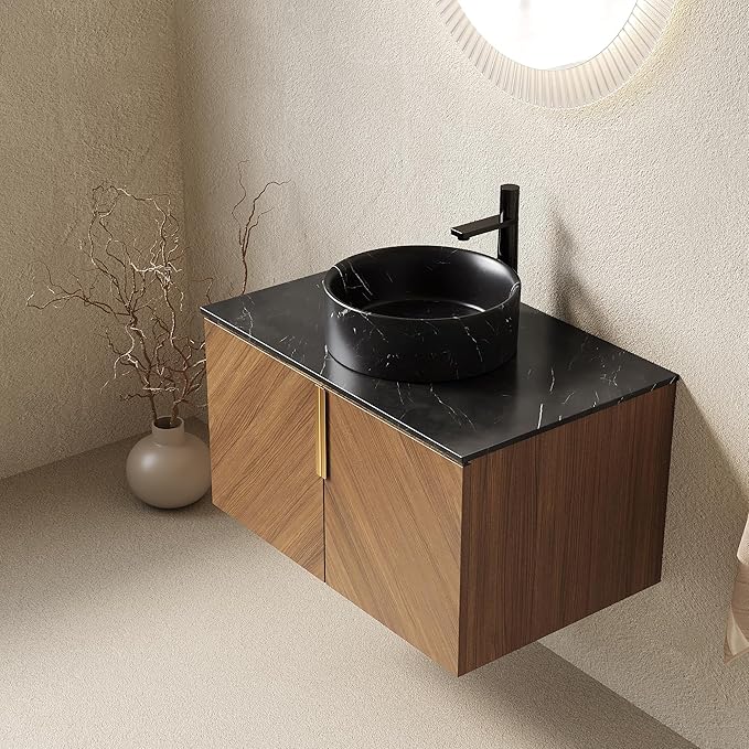 30" Floating Bathroom Vanity with Sink Combo, Modern Vanity with Vessel Sink, Wall-Mounted Bathroom Vanity Cabinet with Doors, Black Countertop and Black Round Ceramic Basin,Brown Oak