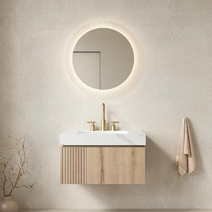 KEIKI 30 Inch Floating Bathroom Vanity with Sink, White Oak & White | Modern Wall Mounted Storage Cabinet w/ Drawer & Door, Pre-assembled Wood Panels, Sintered Stone Top & Ceramic Basin Combo Set