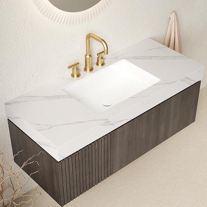 48" Floating Bathroom Vanity with Sink, Plywood Storage Vanities with Drawer and 2 Doors, Carrara White Sintered Stone Top and 3 Pre-drilled Faucet Holes Ceramic Basin, Pre-Assembled Cabinet, Espresso
