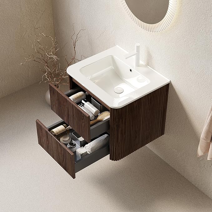 24" Floating Bathroom Vanity with Sink, Wall Mounted Modern Bathroom Cabinet with 2 Soft Close Drawers, Oak & Plywood, Pre-Assembled with Integrated Ceramic Basin – Bruges, Retro Walnut