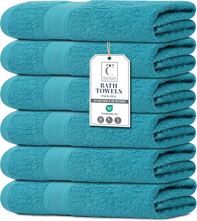 Medium Size Bath Towels Set of 6 – 100% Cotton Terry – 24" x 48" – Quick Dry, Soft & Highly Absorbent – Teal Blue Towels for Bathroom, Gym, Spa, Pool & Daily Use