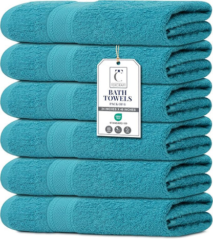 Medium Size Bath Towels Set of 6 – 100% Cotton Terry – 24" x 48" – Quick Dry, Soft & Highly Absorbent – Teal Blue Towels for Bathroom, Gym, Spa, Pool & Daily Use