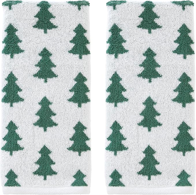 SKL Home Christmas/Winter Holiday Trees Hand Towel Set-2pc, Green/White | 100% Cotton. 500 GSM. Soft & absorbent. Reversible jacquard pattern. Great for the bathroom, kitchen or bar & gifting.