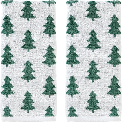 SKL Home Christmas/Winter Holiday Trees Hand Towel Set-2pc, Green/White | 100% Cotton. 500 GSM. Soft & absorbent. Reversible jacquard pattern. Great for the bathroom, kitchen or bar & gifting.