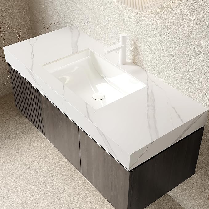 Ambrovina 48 inch Floating Bathroom Vanity with Sink, Plywood Storage Vanities with Drawer and 2 Doors, Carrara White Sintered Stone Top and Ceramic Basin, Pre-Assembled Cabinet, Espresso Woodgrain
