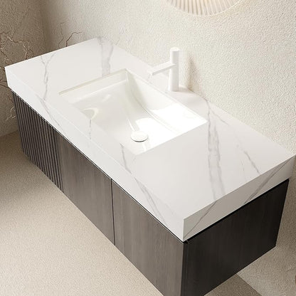 Ambrovina 48 inch Floating Bathroom Vanity with Sink, Plywood Storage Vanities with Drawer and 2 Doors, Carrara White Sintered Stone Top and Ceramic Basin, Pre-Assembled Cabinet, Espresso Woodgrain