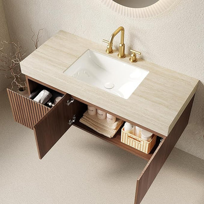 KEIKI 48 Inch Floating Bathroom Vanity with Sink, Modern Wall Mounted Storage Cabinet with Drawer, Pre-assembled Waterproof Wood Panels, Sintered Stone Top & Ceramic Basin Combo Set, Brown Oak & Beige