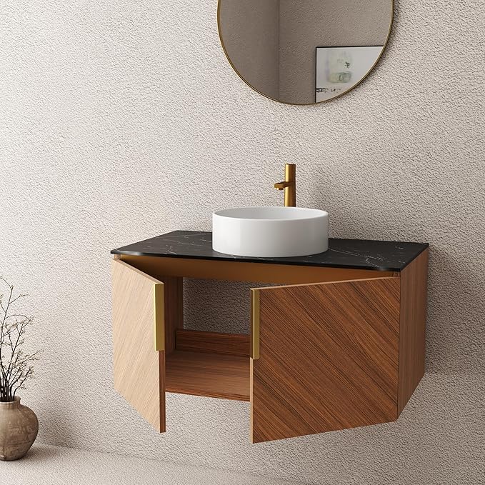 LKTART 36 Inch Bathroom Vanity with Sink, Modern Wall Mounted Bathroom Sink with 2 Doors, Black Sintered Stone Countertop and White Round Ceramic Basin