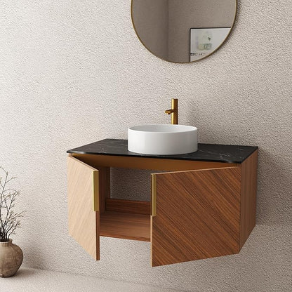 LKTART 36 Inch Bathroom Vanity with Sink, Modern Wall Mounted Bathroom Sink with 2 Doors, Black Sintered Stone Countertop and White Round Ceramic Basin