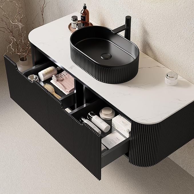 Yayzy 48" Floating Bathroom Vanity with Sink, Solid Wood Fluted Cabinet, Black Fluted Oval Ceramic Basin & Faux Marble Top, Soft-Close Drawer, Pre-Assembled, Gloss Black