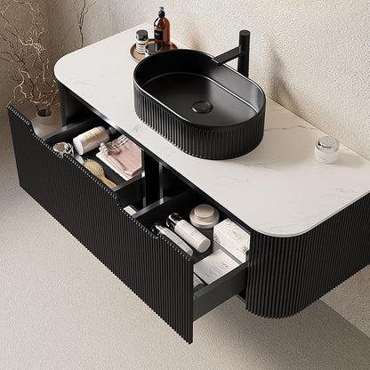 Yayzy 48" Floating Bathroom Vanity with Sink, Solid Wood Fluted Cabinet, Black Fluted Oval Ceramic Basin & Faux Marble Top, Soft-Close Drawer, Pre-Assembled, Gloss Black