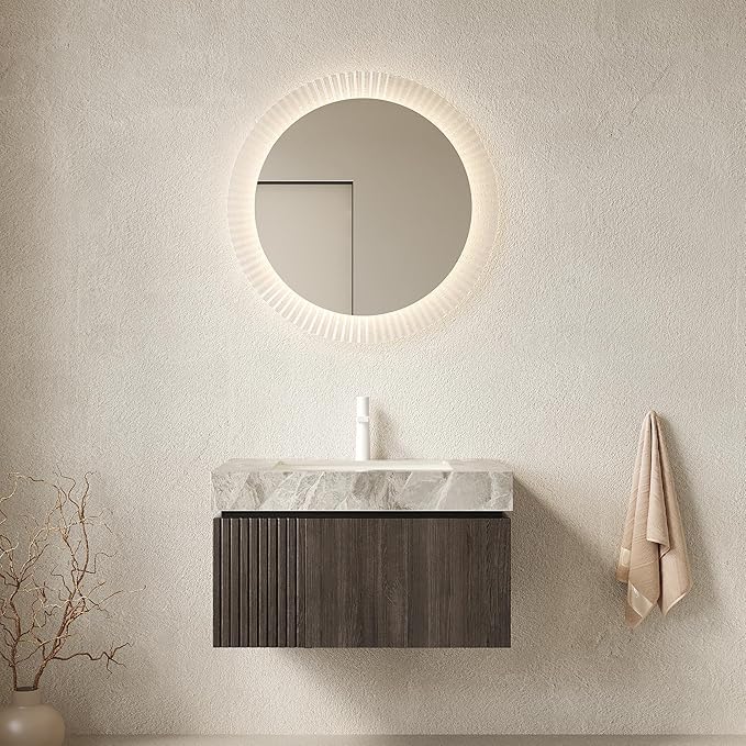 Bathroom Vanity with Sink 30 Inch, Floating Bathroom Vanity Sink Cabinet with Drawer and Door, Undermount Sink & Light Gray Sintered Stone Top, Pre-Assembled,Espresso
