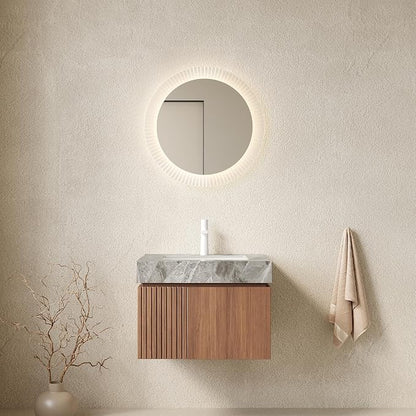 KEIKI 24 Inch Floating Bathroom Vanity with Sink, Brown Oak & Grey | Modern Wall Mounted Storage Cabinet with 2 Doors, Pre-assembled Wood Panels, Sintered Stone Top & Ceramic Basin Combo Set
