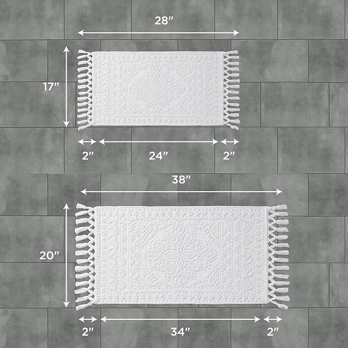French Connection Nellore Bath Rugs, Set of 2 Woven and Beaded Bath Mats, Durable and Thick Bath Mats for Bathroom and Shower Rugs, 17" x 28" and 20" x 38", White