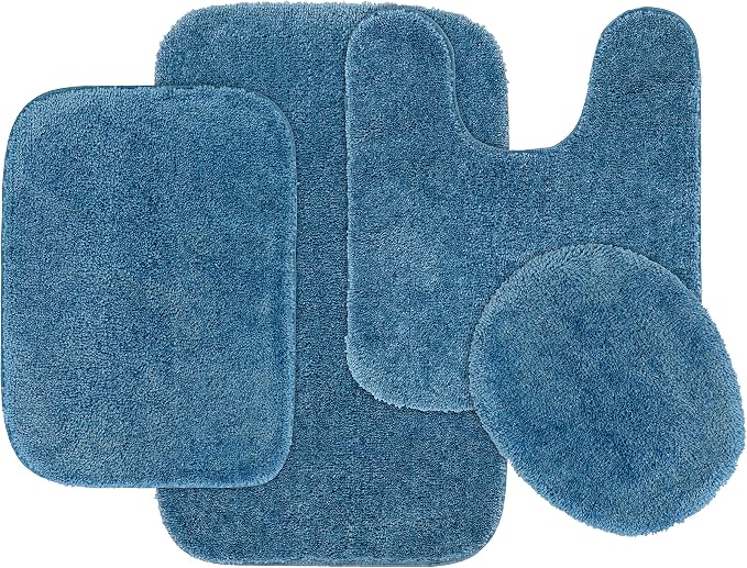 Garland Rug Traditional Nylon Washable Basin Blue 4 Piece Set - Lid, Contour, 2 Bath Rugs - Soft, Absorbent, and Stylish for Your Bathroom