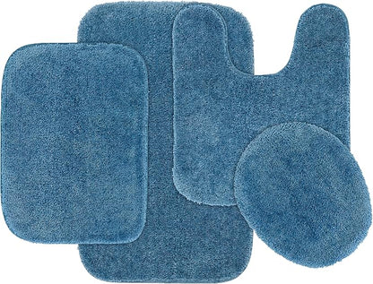 Garland Rug Traditional Nylon Washable Basin Blue 4 Piece Set - Lid, Contour, 2 Bath Rugs - Soft, Absorbent, and Stylish for Your Bathroom