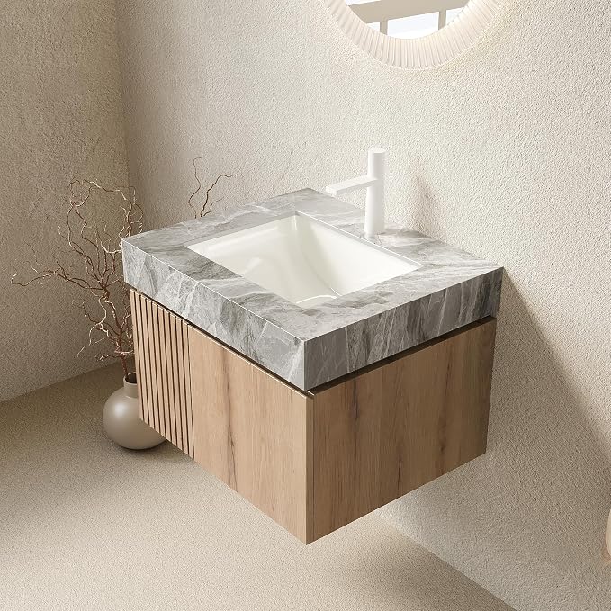KEIKI 24 Inch Floating Bathroom Vanity with Sink, White Oak & Grey | Modern Wall Mounted Storage Cabinet with 2 Doors, Pre-assembled Wood Panels, Sintered Stone Top & Ceramic Basin Combo Set