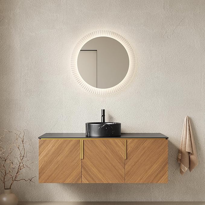 48 Inch Bathroom Vanity with Single Sink, Floating Vanity with Vessel Sink, Modern Bathroom Vanity Cabinet with 3 Doors, Sintered Stone Countertop and Black Round Basin,Brown Oak