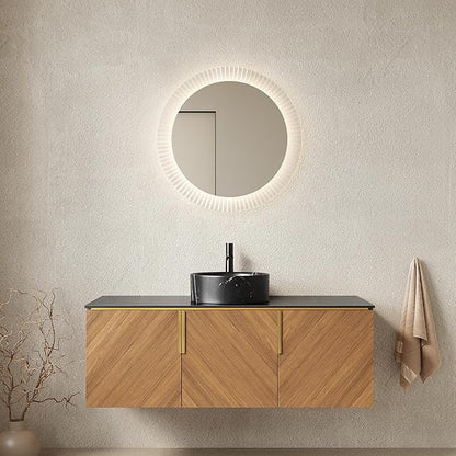 48 Inch Bathroom Vanity with Single Sink, Floating Vanity with Vessel Sink, Modern Bathroom Vanity Cabinet with 3 Doors, Sintered Stone Countertop and Black Round Basin,Brown Oak
